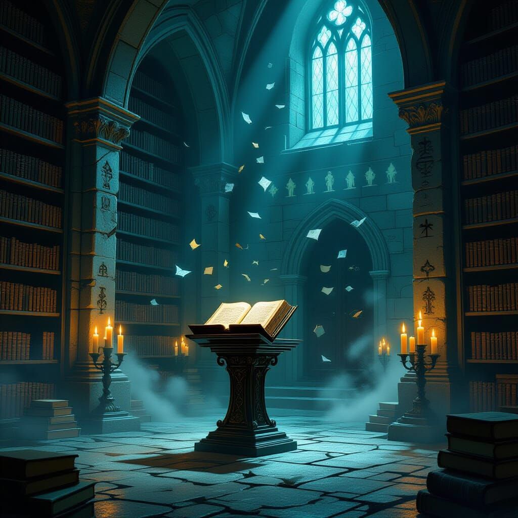 Floating Books in Spectral Library, Dark Fantasy Horror