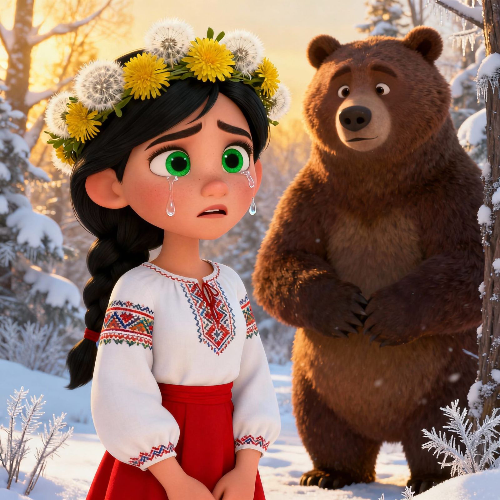 Young Woman in Winter Landscape with Bear, Disney Style