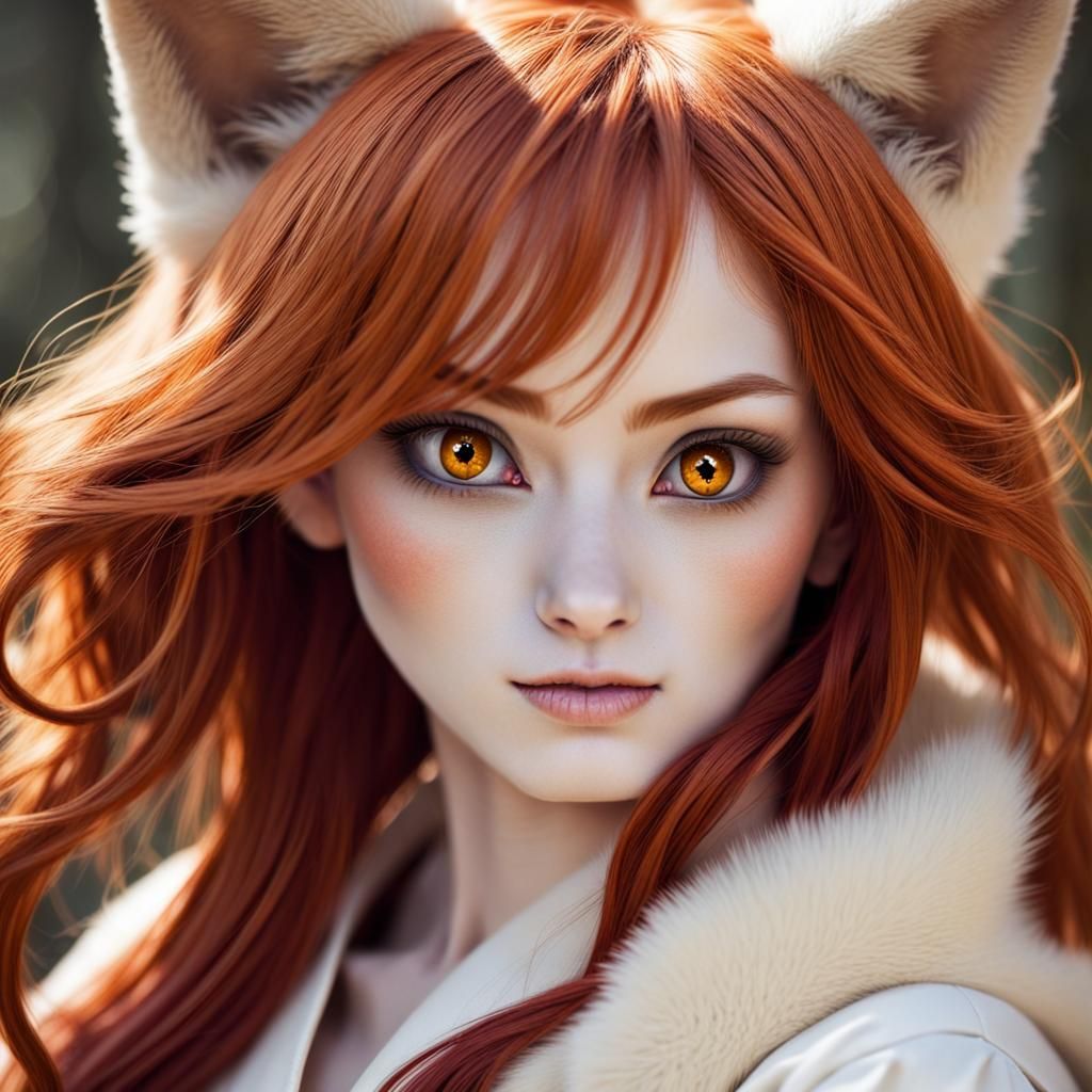 Captivating Kitsune Portrait with Red Hair
