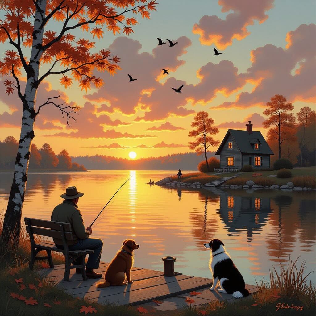 Dreamlike Autumn Sunset: Fisherman by Lake with Dog