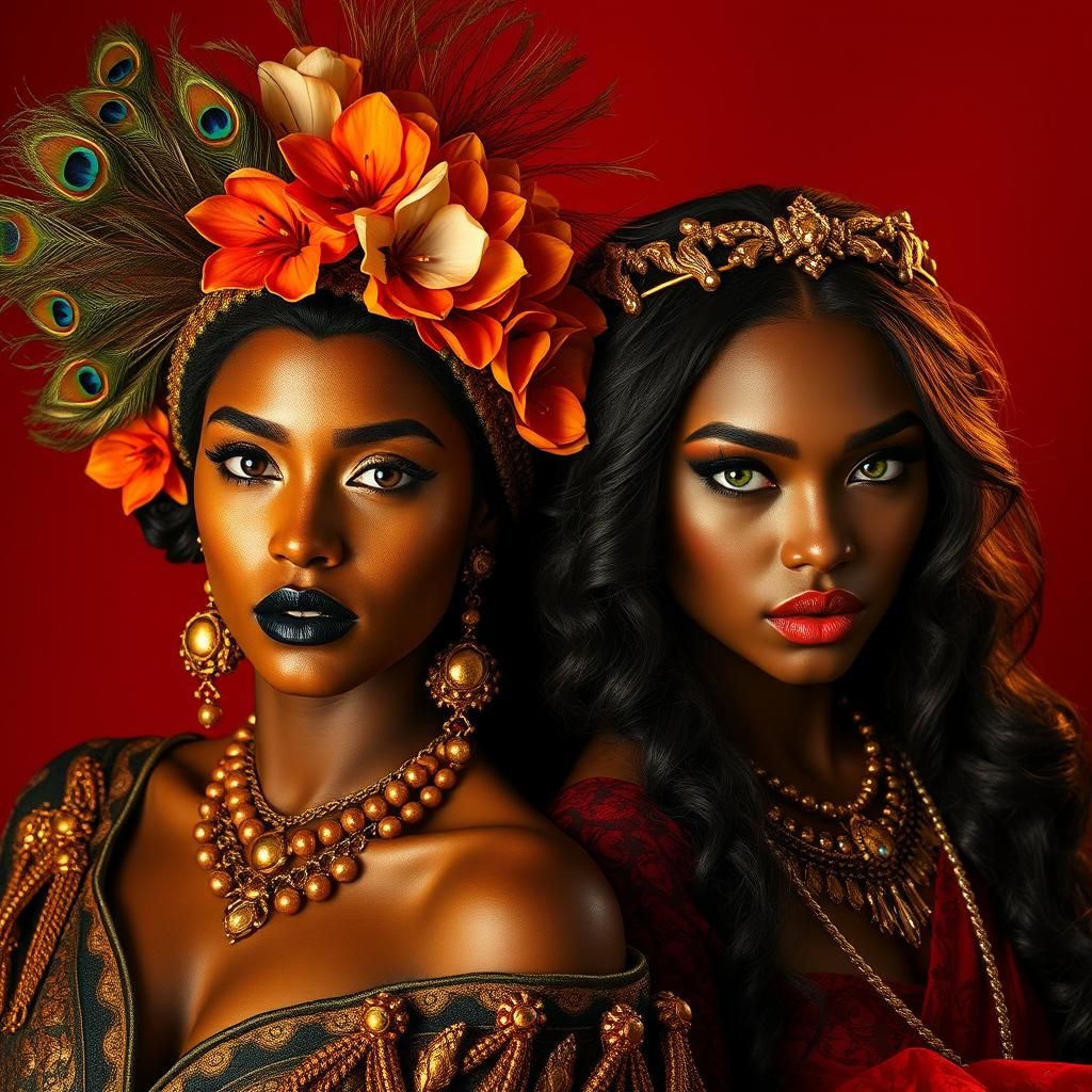 Fantastical Portrait of Two Adorned Women in Cinematic Style