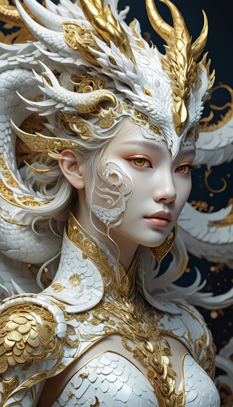White Dragon Goddess with Golden Accents in Fractal Art