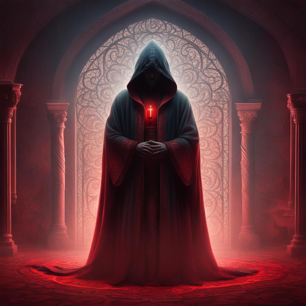 Mysterious Hooded Figure in Red Light