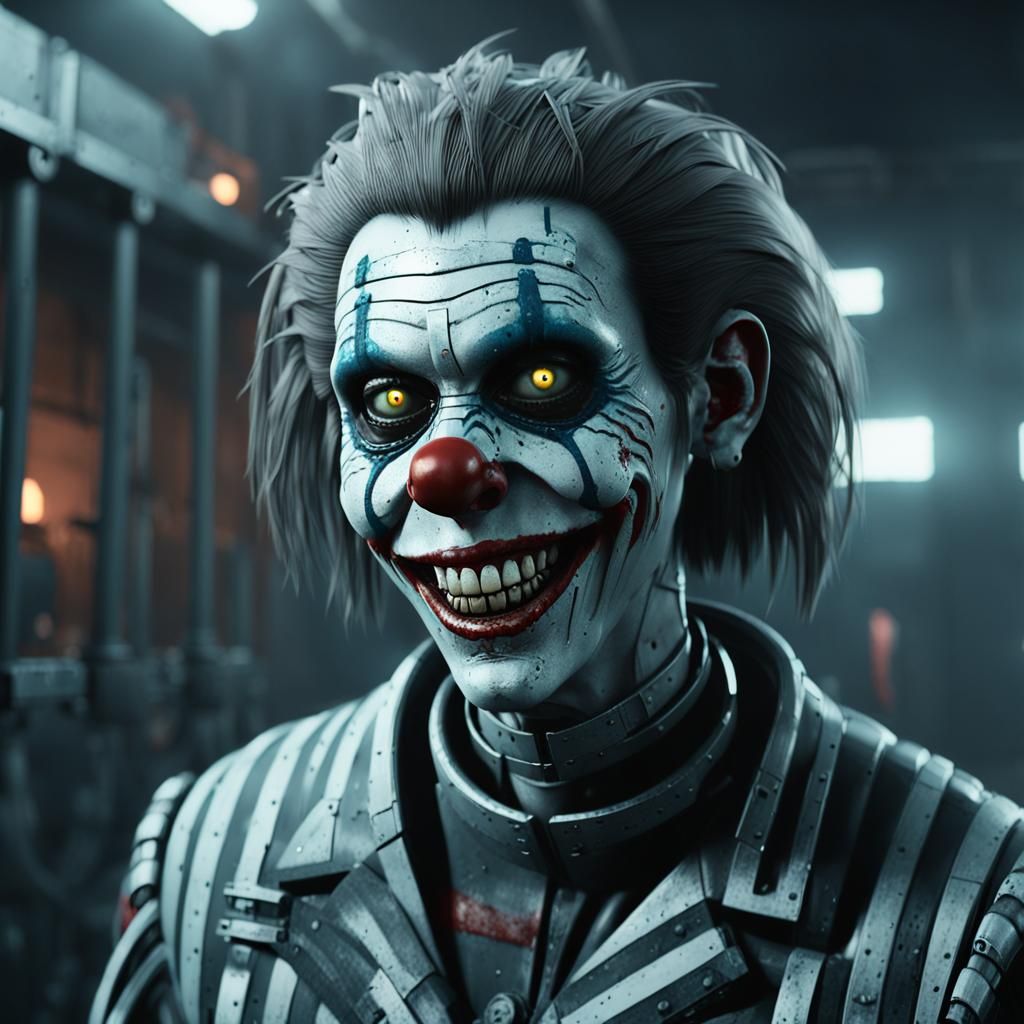 Grinning Zombie Clown Prisoner in Gas Chamber