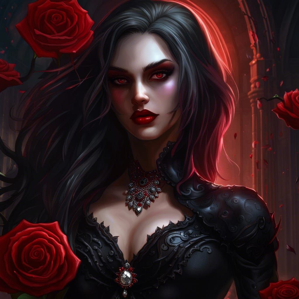 Beautiful Vampire Girl with Red Rose, Dark Fantasy Art