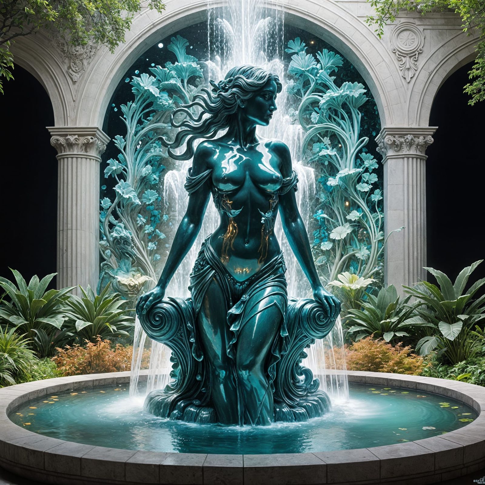 Majestic Woman Fountain with Bioluminescent Details