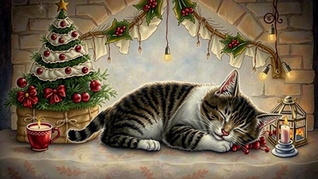 Cozy Winter Scene with Vintage Christmas Decorations and a S...