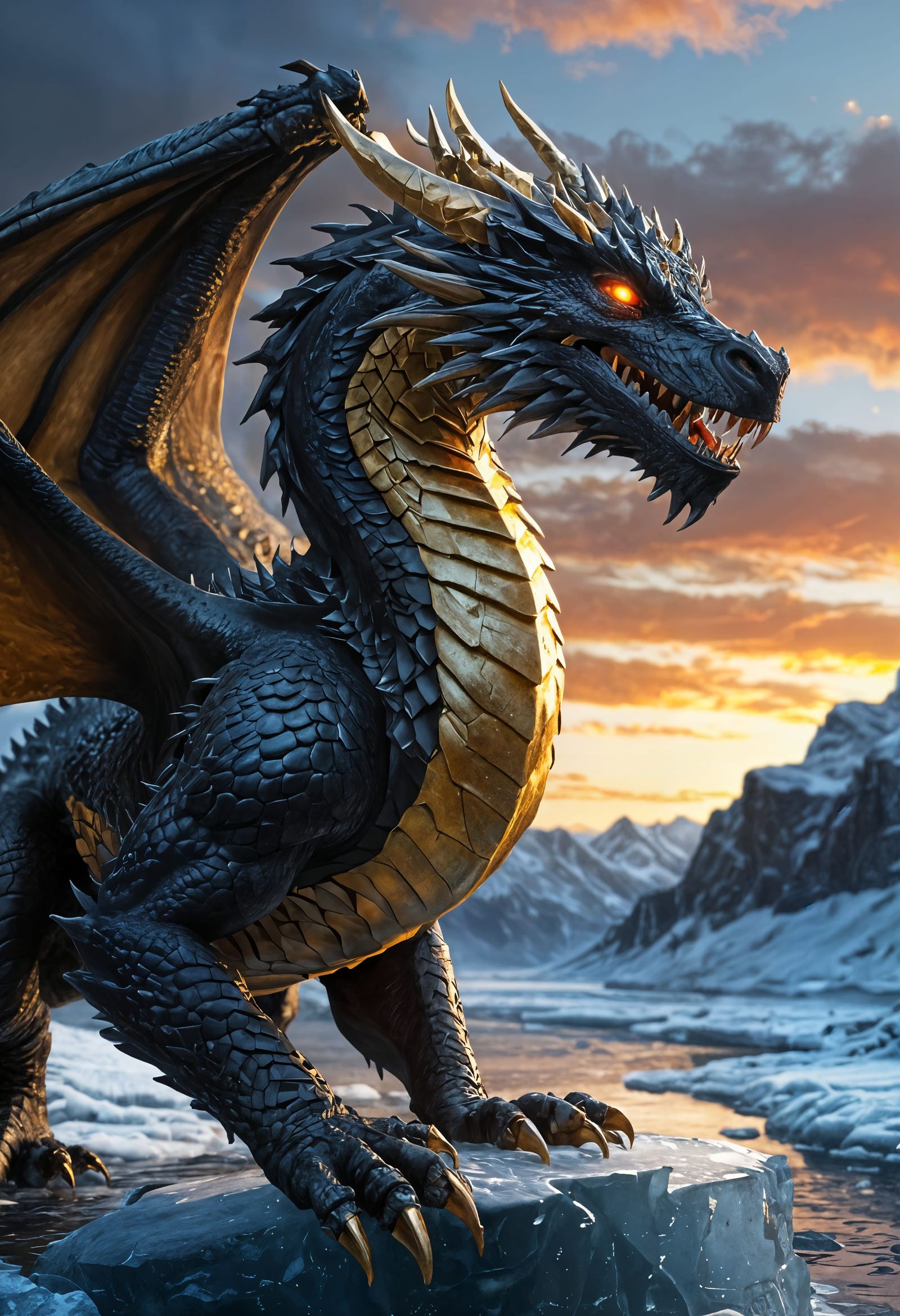 Black Dragon Dominates Frozen Valley: Hyper-Realistic Close-...
