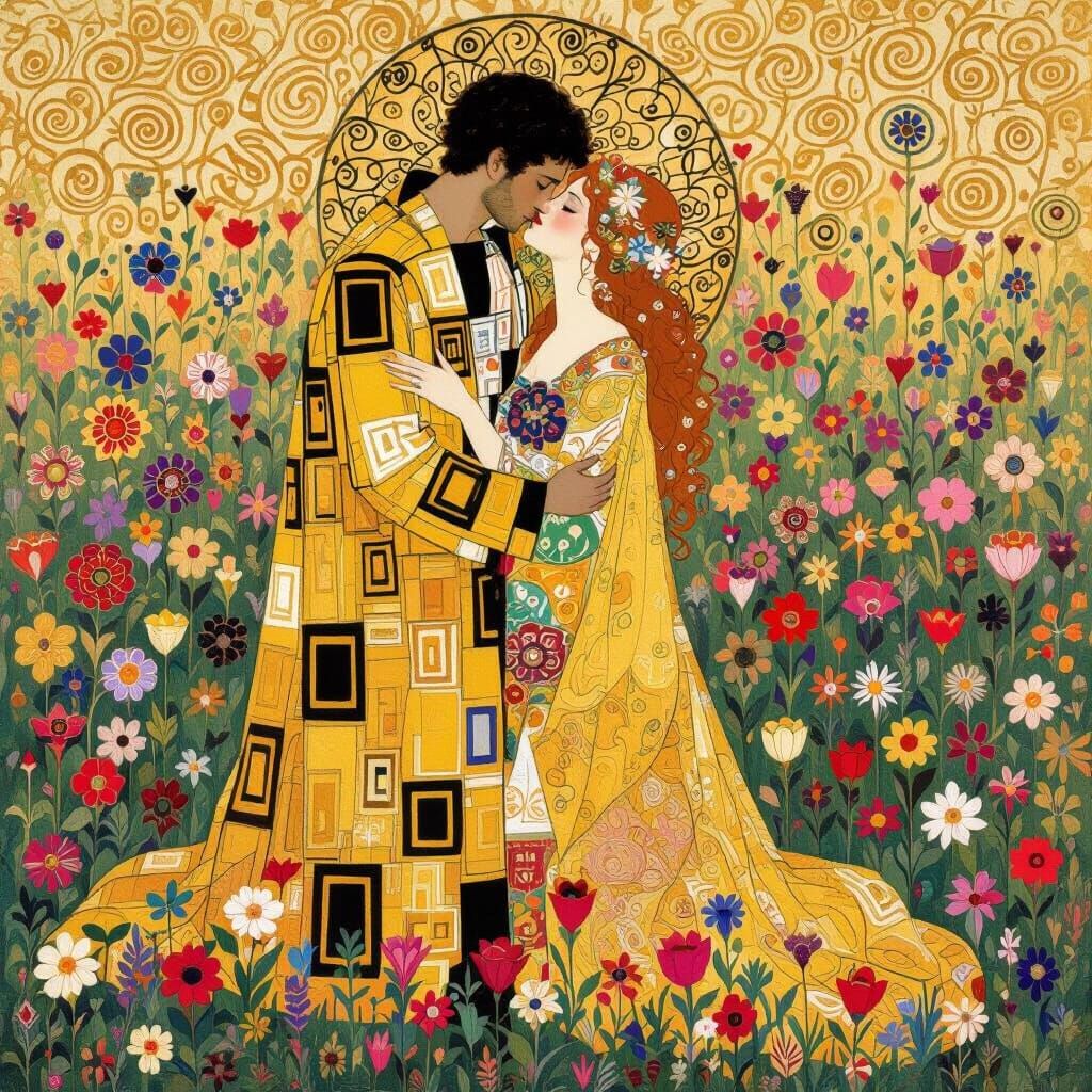 Couple Embracing in a Flower Meadow, Klimt Style