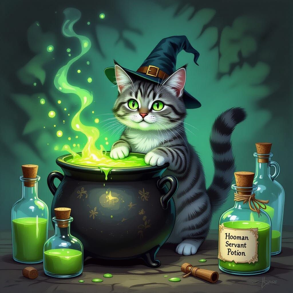 Mischievous Cat Brews Potion in Storybook Style