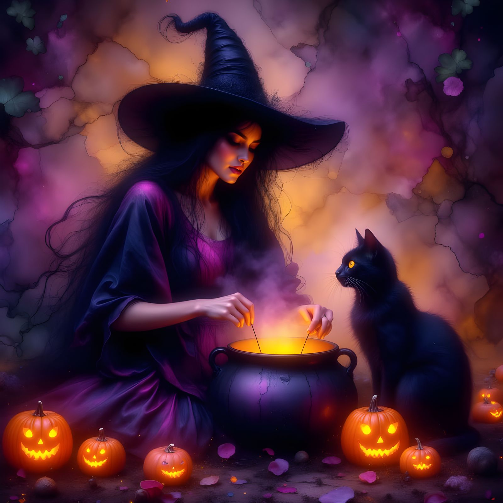 Mystical Witch Brews Potion with Black Cat and Pumpkins