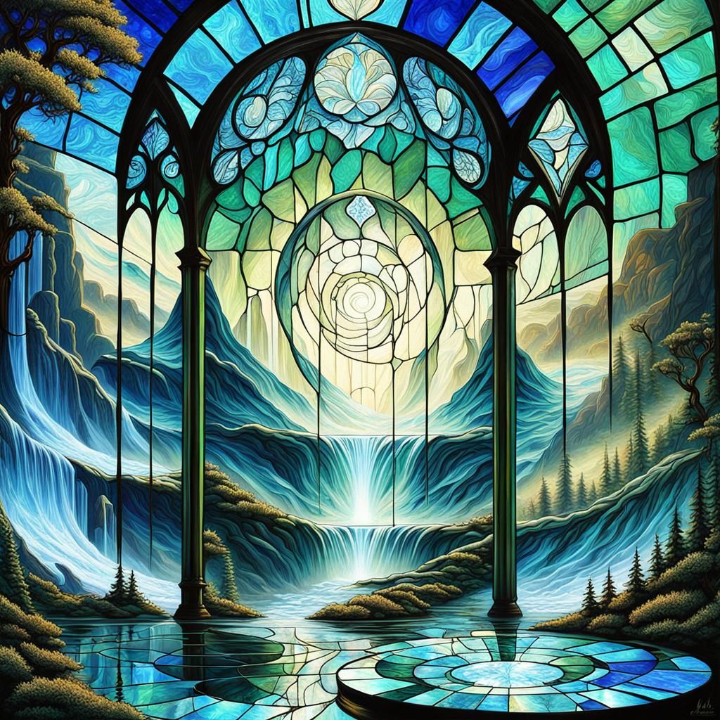 Aurora Waterfall Landscape in Art Nouveau Style