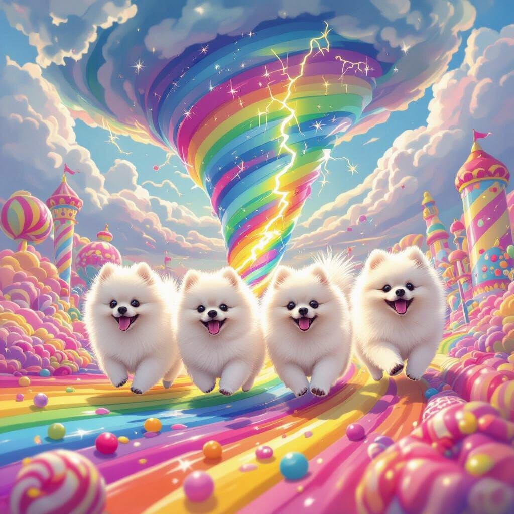 Pomeranians Run Through Rainbow Tornado in Candy Land