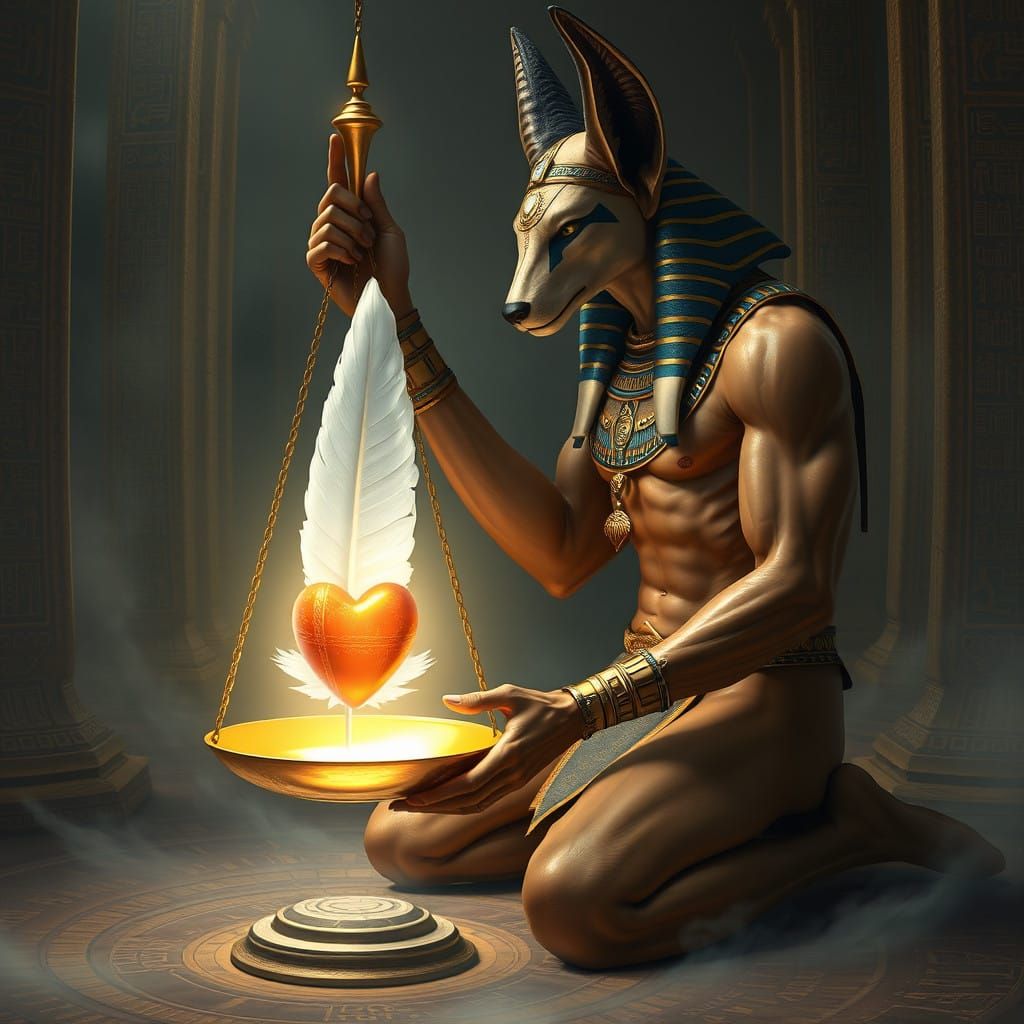 Mystical Egyptian Warrior with Jackal Head Weighs Soul on Go...