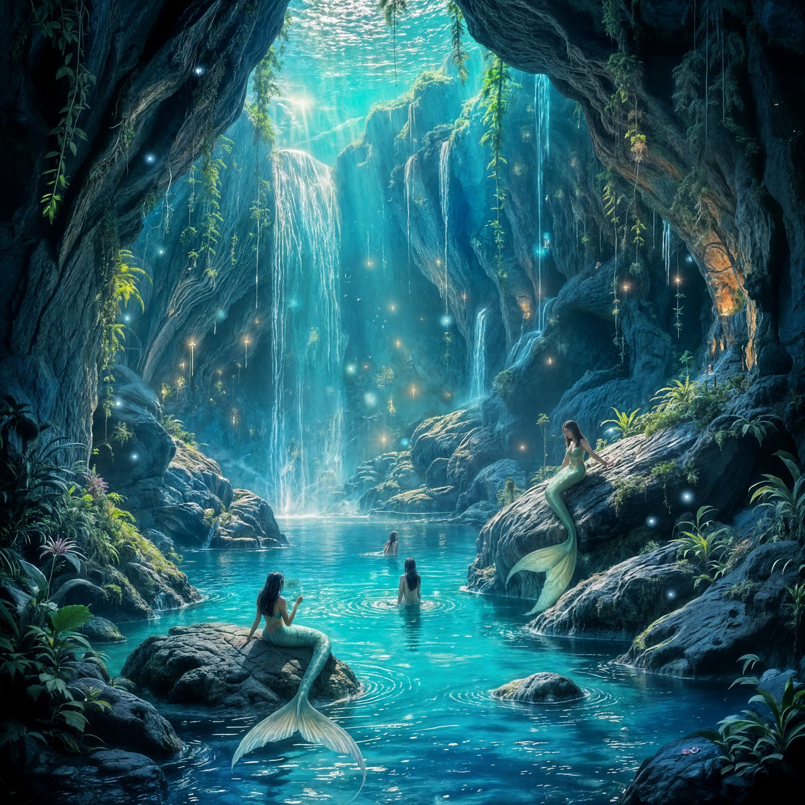Mermaids in a Bioluminescent Grotto with Waterfalls