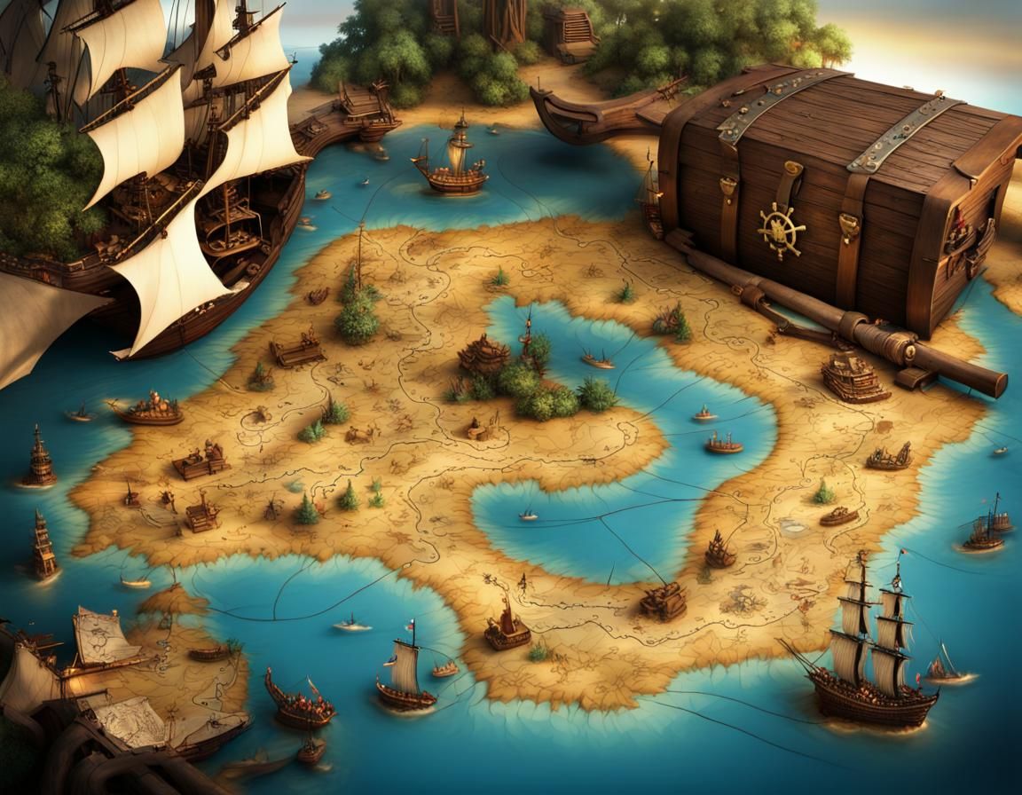 Hyperrealistic 3D Pirate Treasure Map in Ancient Style