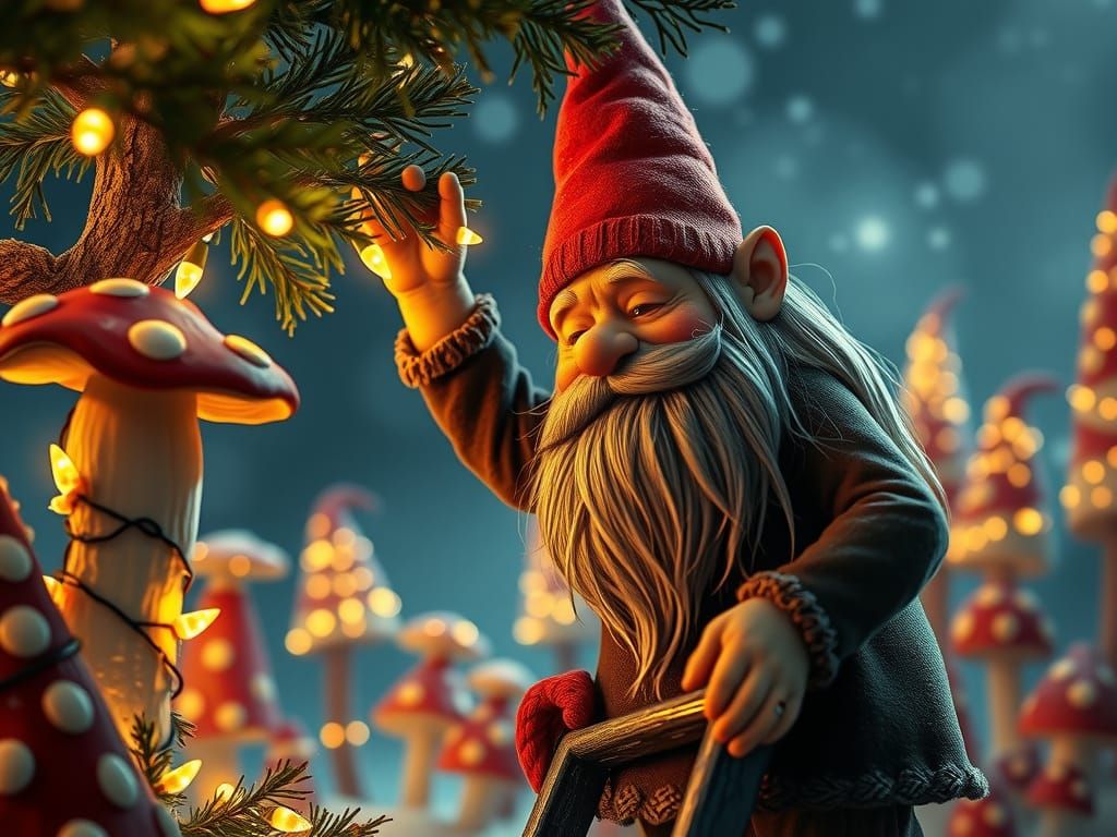 Old Gnome Decorates Fantasy Tree in Mushroom Village