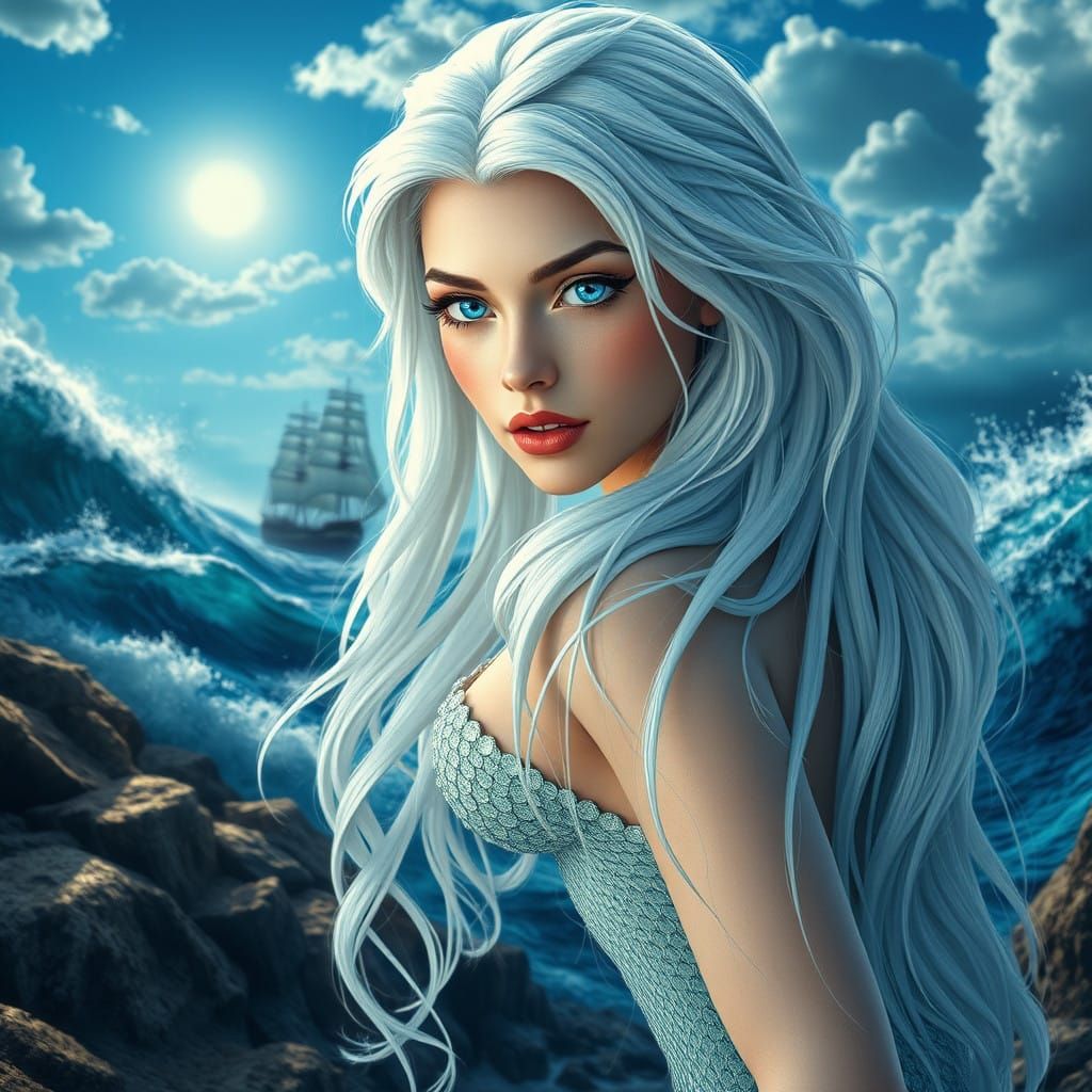 Mystical Siren in Cerulean Skies and Pearlescent Tides