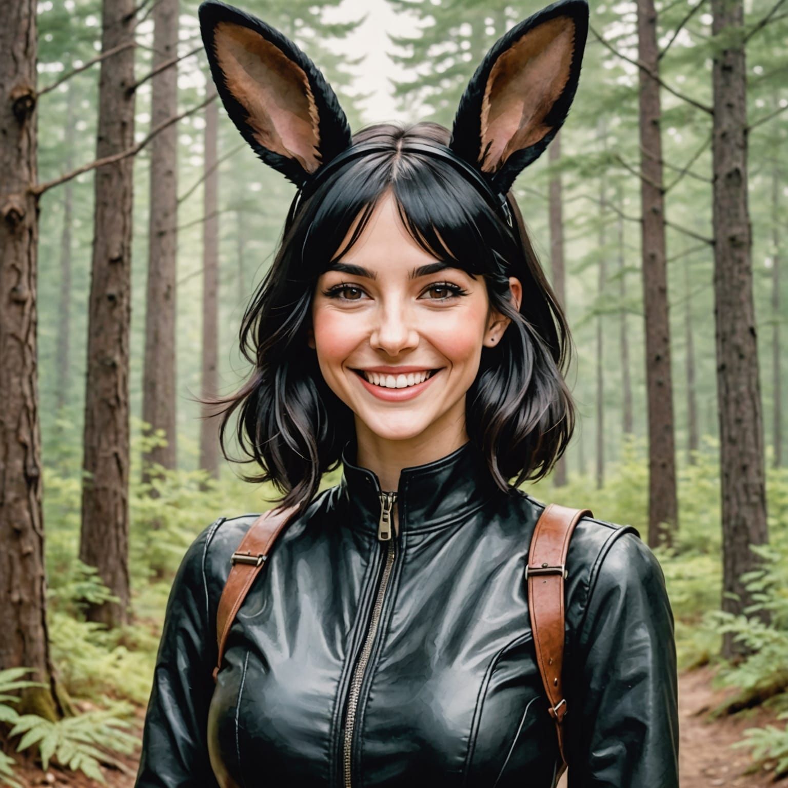 Watercolor Woman with Rabbit Ears in Maine Forest