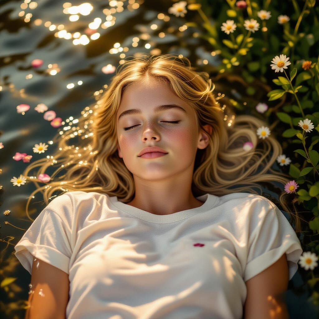 Dreamy Blonde Girl Sleeping in Golden Stream