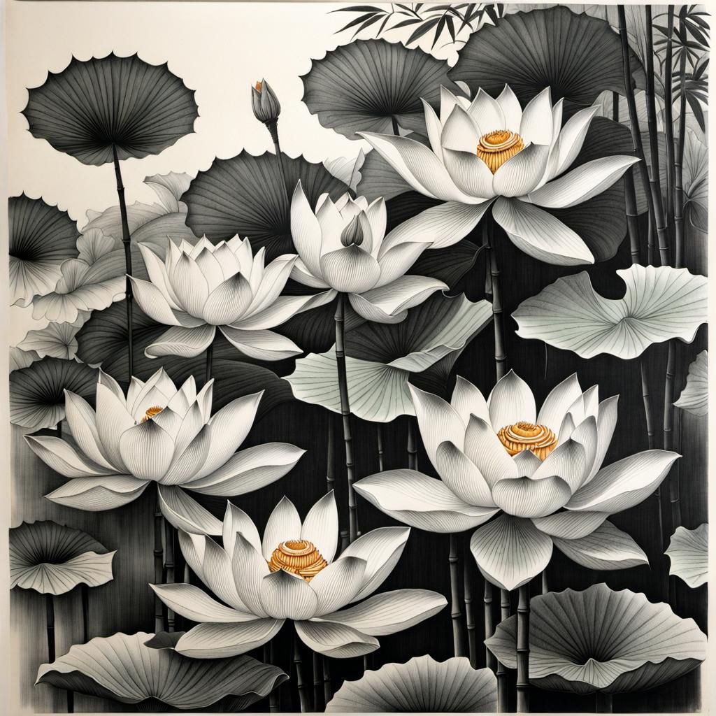 Chinese art, line art, pencil, ink drawing, portrait, bamboos, lotus flower, masterpiece