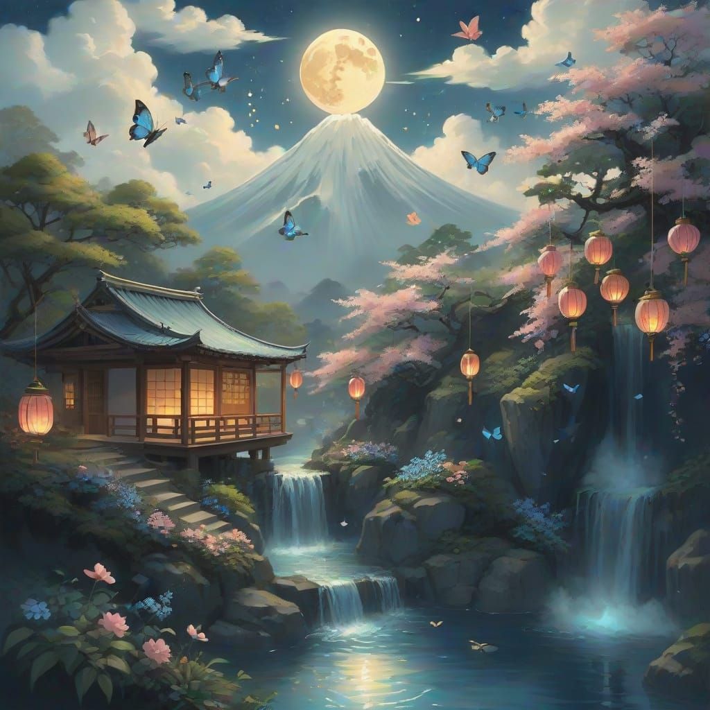 Ethereal Japanese Garden with Waterfall in Anime Realism