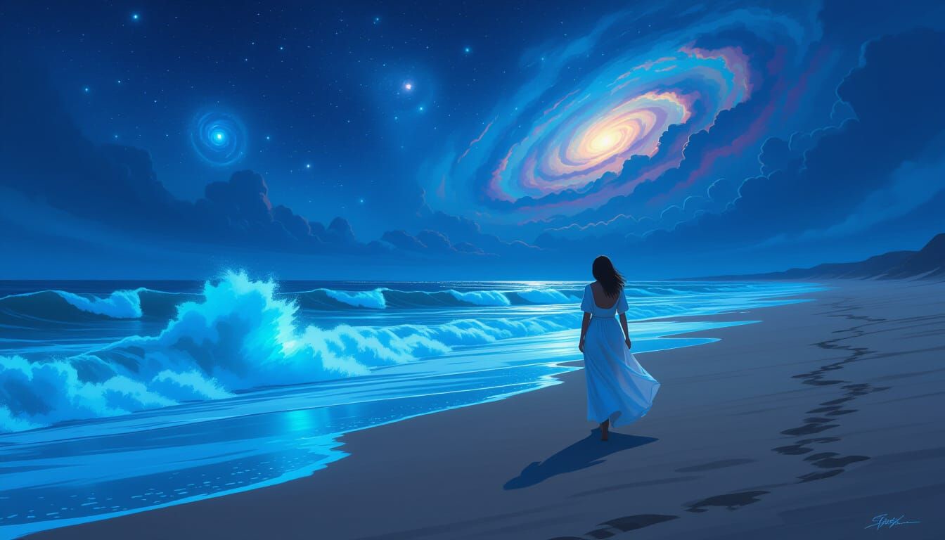 Ethereal Bioluminescent Beach Walk: Matte Painting Style