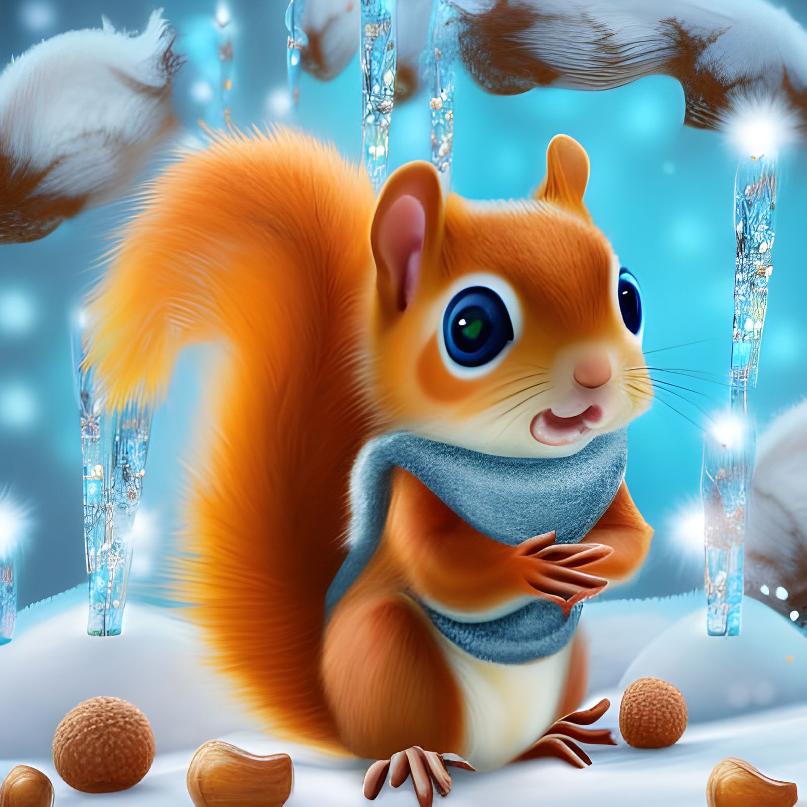 Cute Cartoon Squirrel with Luminous Teal Crystals