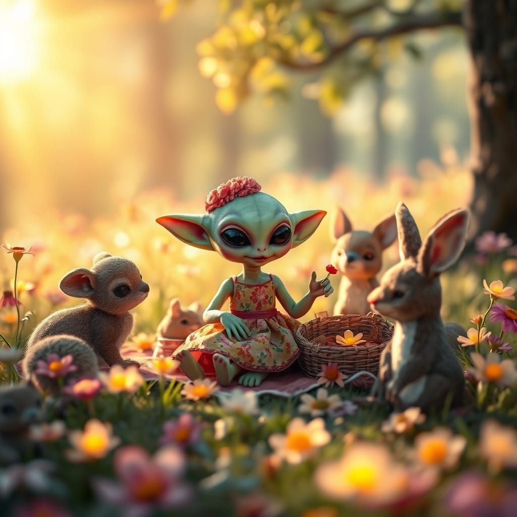 Alien Picnic in Enchanted Meadow, Digital Art