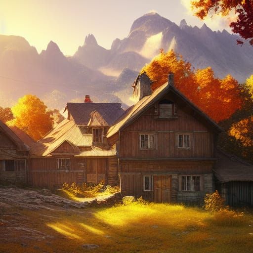 Autumn Farmhouse in Mountain Landscape: Splash Art