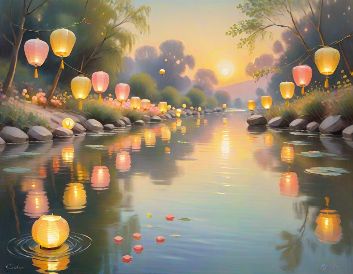 Paper Lanterns on River in Impressionist Style