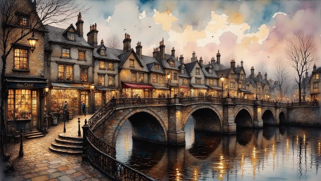 Victorian Bridge Bustling With Life In Oil Painting Style
