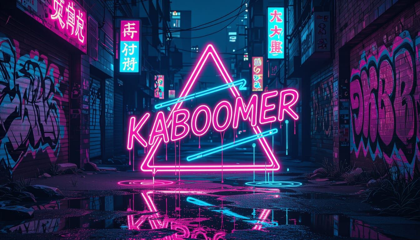 Vibrant Neon "KABOOMER" in Urban Alleyway, Synthwave Retro S...