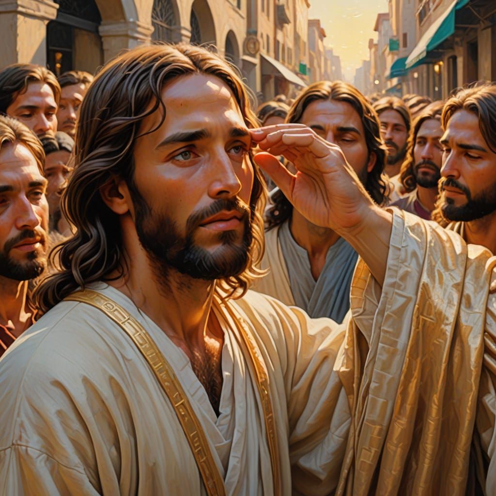 Jesus Heals a Blind Man in a Bustling Street Scene