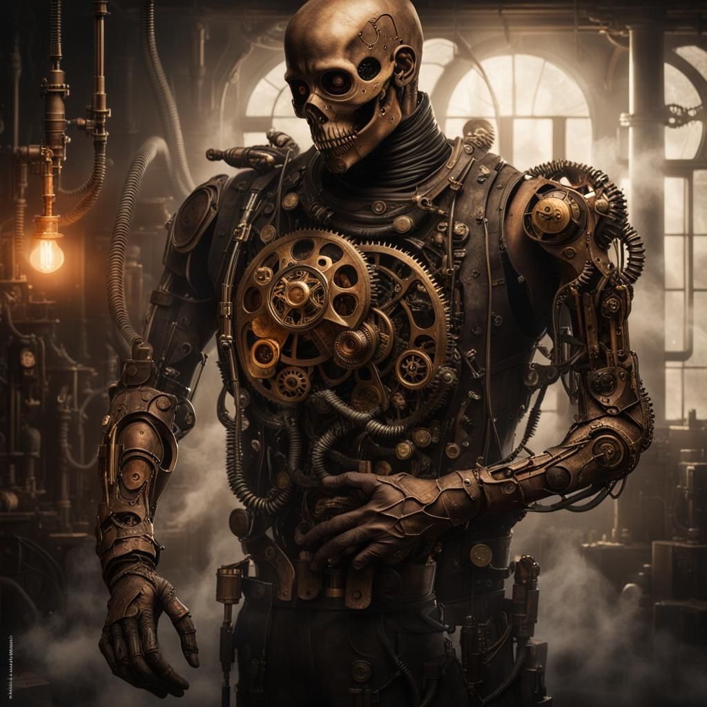 Steampunk Clockwork Golem in Dark Fantasy Style