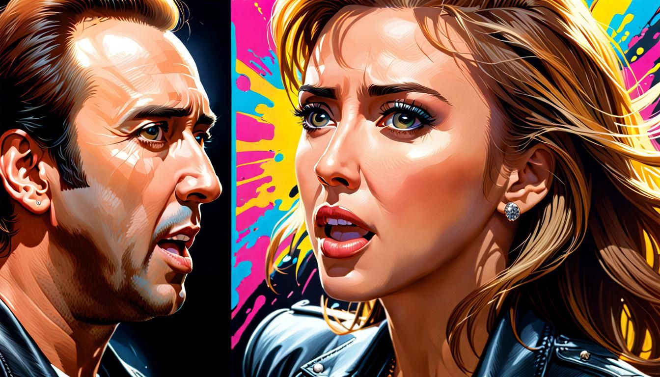 Nicolas Cage and Eleanor: Hyperrealistic Splash Art