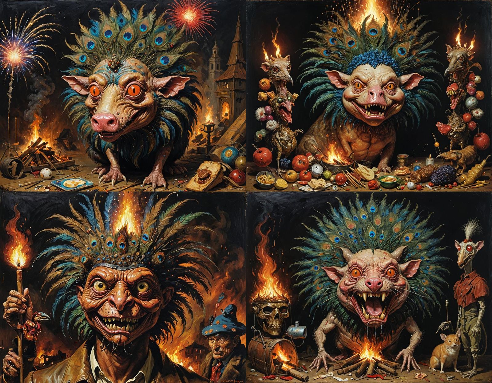 Art Deco Mutant Bonfire Horror in Surreal Style