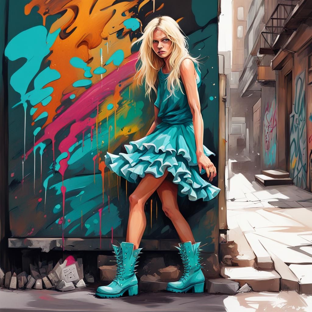 Blonde Woman in Frilly Dress: Colorful Graffiti Art