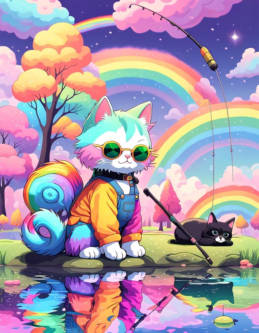 Psychedelic Tuxedo Cat Fishing in Rainbow Pond