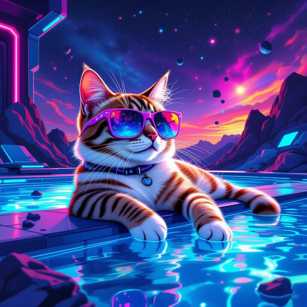 Trendy Cat Lounging by a Futuristic Pool