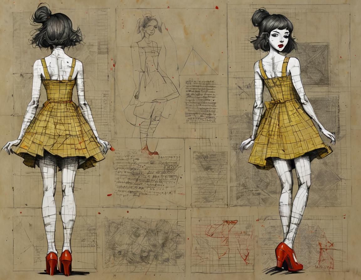 Comic-Style Female Figure in Checkered Dress