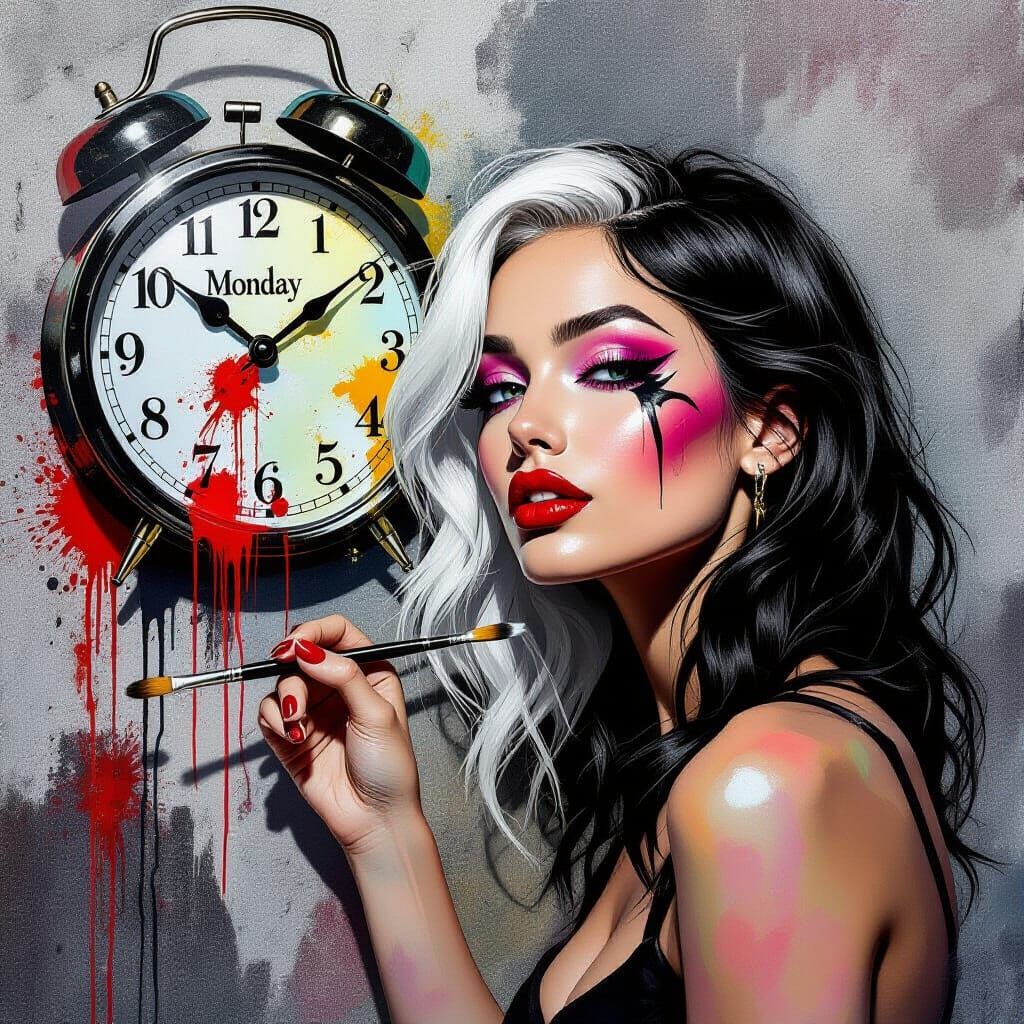 Woman Paints Melting Clock Self-Portrait in Graffiti Style
