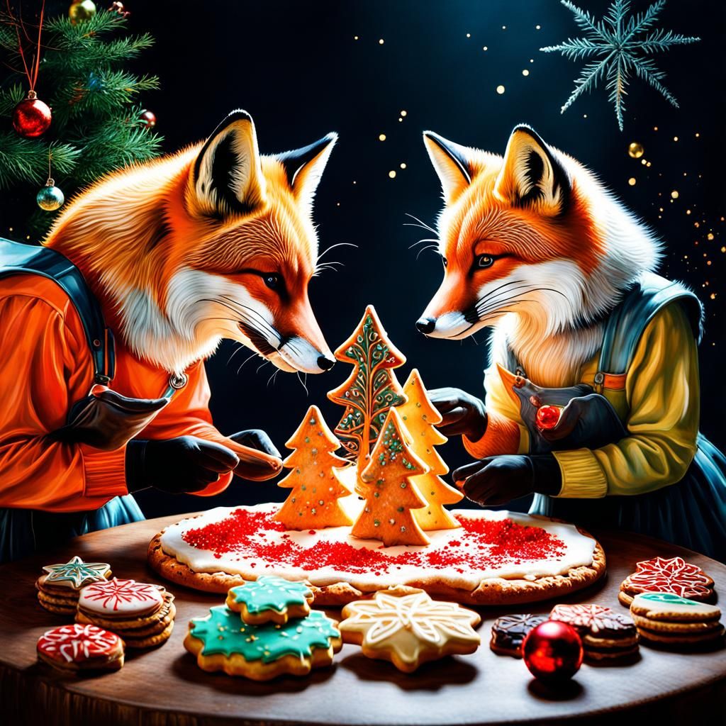 Festive Foxes Decorating Christmas Cookies in Double Exposur...