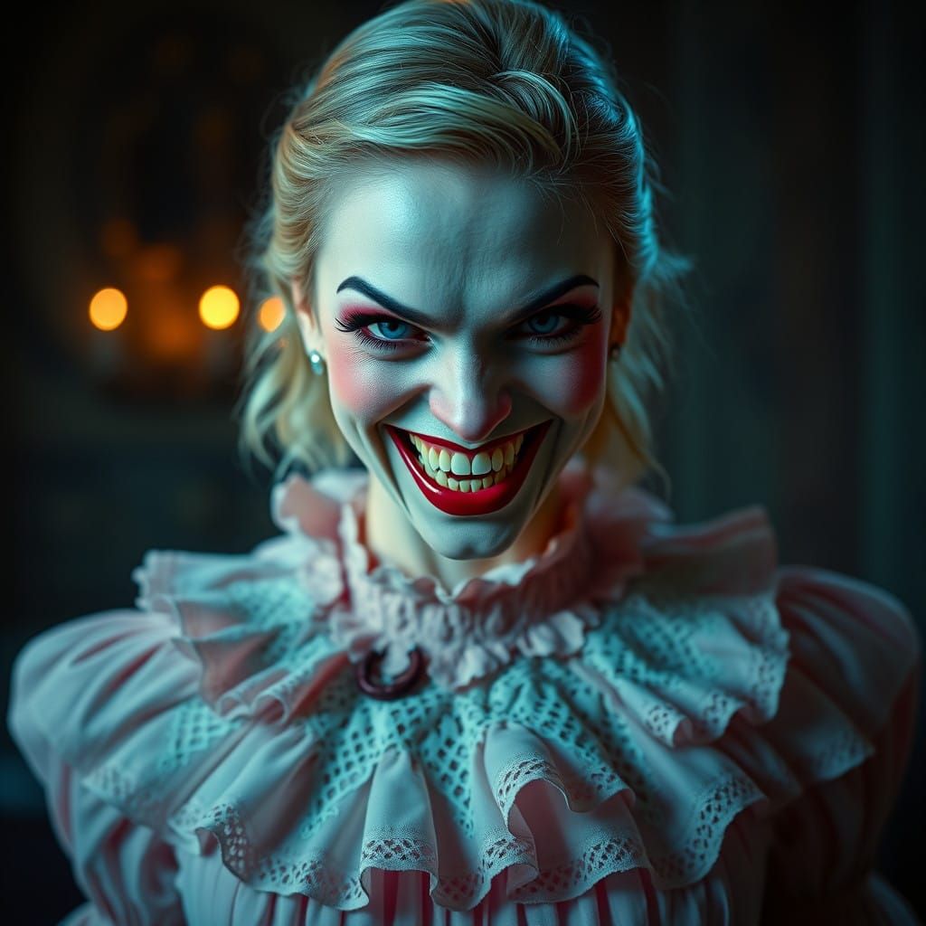 Woman in Whimsical, Moody Makeup Dressed in Frilly Lace Gown