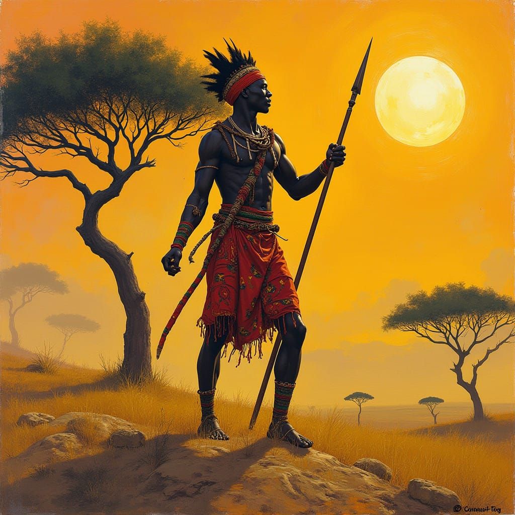 Vibrant African Warrior in Traditional Attire, Wielding Spea...