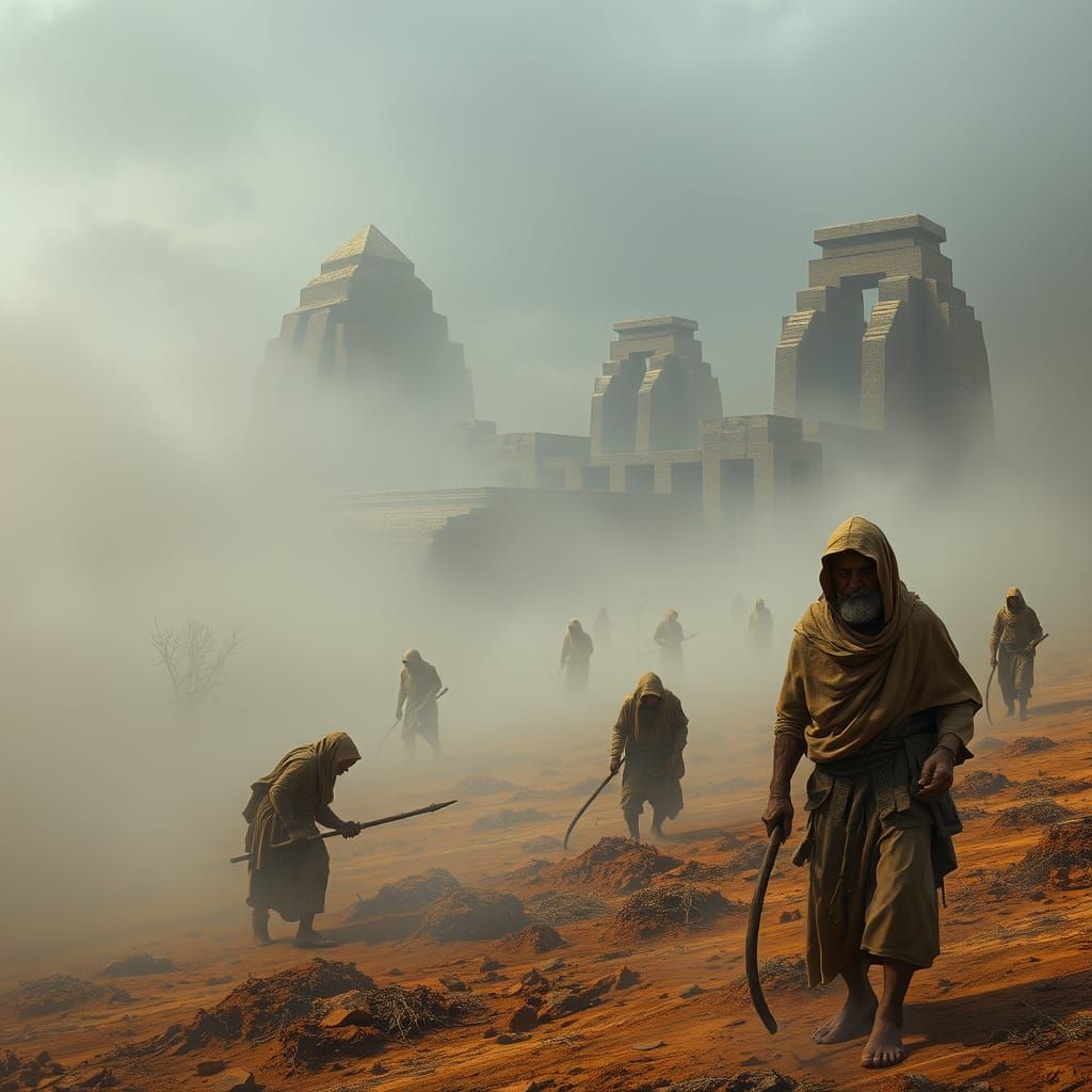 Ancient Mesopotamia Landscape in Eerie Fog