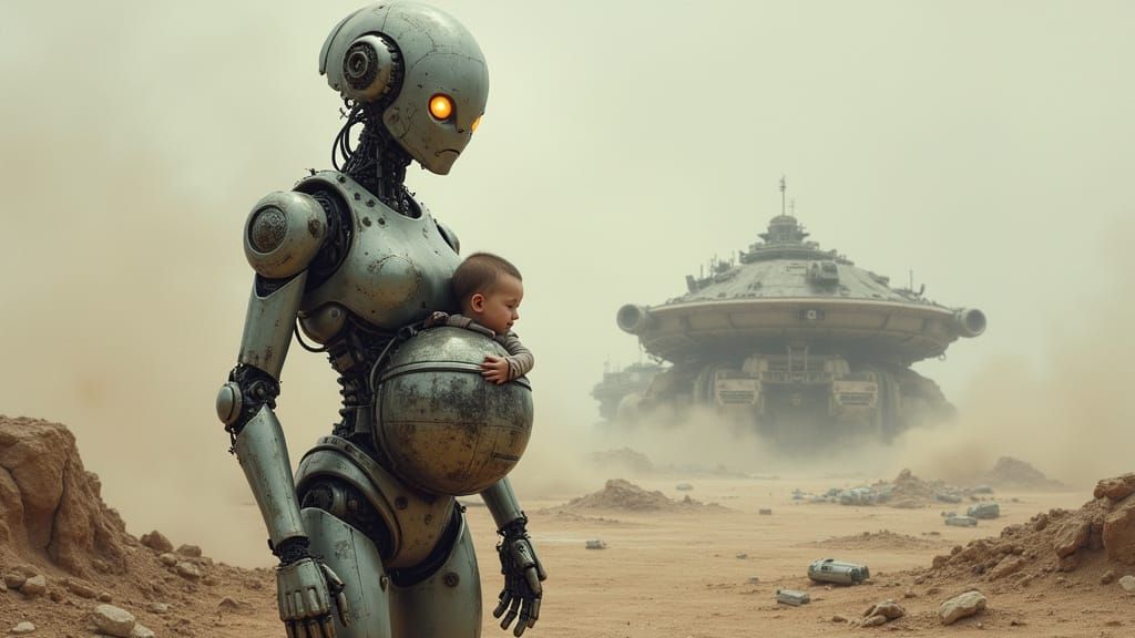 Stoic Mother Robot Protects Baby on Alien Battlefield