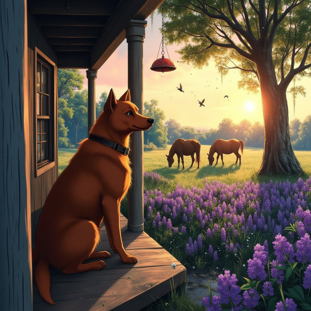 Australian Cattle Dog on Porch at Dusk