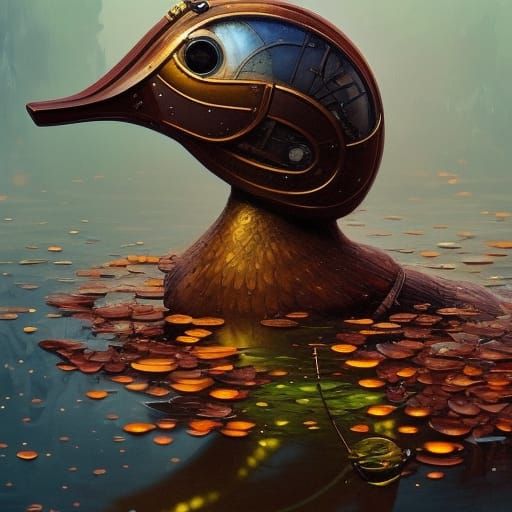 Steampunk Robot Duck Portrait in Autumn Pond