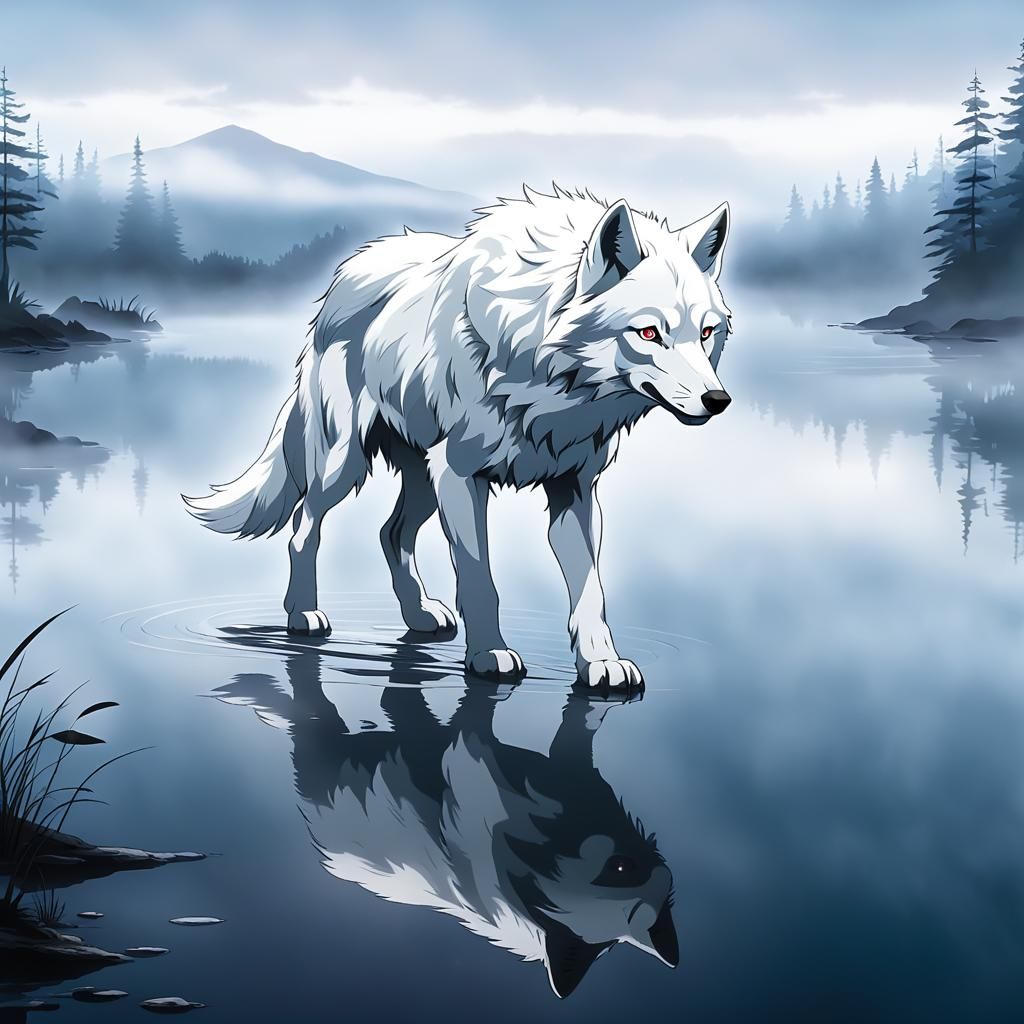 Mystical Fog Wolf Walking on Water in Anime Style